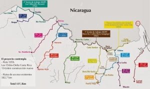 Mapa de la "trocha fronteriza" y rutas de acceso al río San Juan habilitados por Costa Rica en respuesta a la ocupación ilegal de Isla Portillos por parte de Nicaragua. Documento oficial presentado en Casa Presidencial (Costa Rica). Al extremo derecho, Isla Portillos (circulo en rojo realizado por el autor ya que no se distingue mayormente en razón de la escala usada)