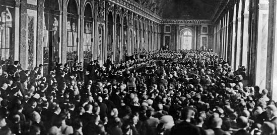 Mirrors, Hall of: dignitaries sign World War I peace treaty in the Hall of Mirrors, 1919 Dignitaries gathering in the Hall of Mirrors at the Palace of Versailles, France, to sign the Treaty of Versailles, June 28, 1919.
