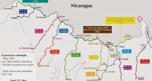 Mapa de la "trocha fronteriza" y rutas de acceso al río San Juan habilitados por Costa Rica en respuesta a la ocupación ilegal de Isla Portillos por parte de Nicaragua. Documento oficial presentado en Casa Presidencial (Costa Rica). Arriba al extremo derecho, Isla Portillos (circulo en rojo realizado por el autor ya que no se distingue mayormente en razón de la escala usada)