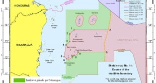 Figura de las zonas otorgadas a Nicaragua y a Colombia en el Mar Caribe por parte de la CIJ en su fallo del 2012. Extraída de artículo de prensa publicado en Poder.cr