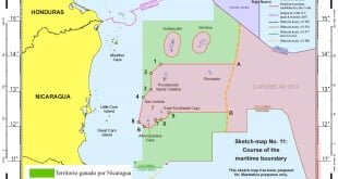 Figura de las zonas otorgadas a Nicaragua y a Colombia en el Mar Caribe por parte de la CIJ en su fallo del 2012. Extraída de artículo de prensa publicado en Poder.cr