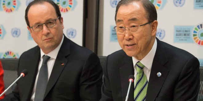 El Secretario General de la ONU, Ban Ki-moon, y el presidente de Francia, François Hollande, en una conferencia de prensa tras la ceremonia de firma del Acuerdo de París. Foto: ONU/Eskinder Debebe