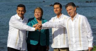 Los presidentes en ejercicio de Perú, Chile, México y Colombia: Humala, Michelet, Peña Nieto y Santos.
