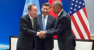 Ban Ki-moon (izq.) junto al Presidente de China, Xi Jinping y el Presidente estadounidense, Barack Obama (dcha.) Foto ONU: Eskinder Debebe