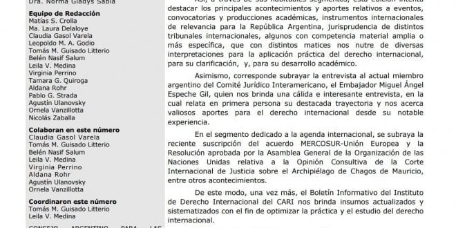 CARI - Boletín informativo del Instituto de Derecho Internacional - Nº 26. Agosto 2019