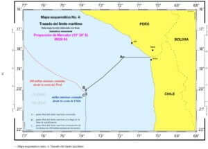 CONTROVERSIA MARÍTIMA (PERÚ c. CHILE) Fallo de 27 de enero de 2014 4 — Mapa esquemático No. 2: Líneas de los límites marítimos reclamados respectivamente por el Perú y Chile