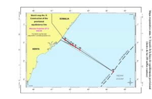 Mapa esquemático núm. 9: Trazado de la línea de equidistancia provisional (dentro de las 200 millas marinas)